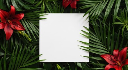 A blank white square card placed in the center of lush green tropical leaves and vibrant red lily flowers, creating a natural frame