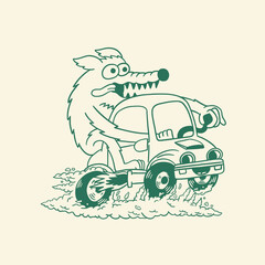 fox monster driving retro cartoon illustration © cattle house