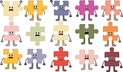 Colorful puzzle piece characters with emotional faces, cartoon expressions, playful teamwork concept, fun illustration for communication and education