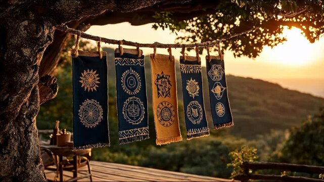 Five fabric panels with intricate patterns are hanging from a branch, lit by sunset. Trees and a deck make up the background