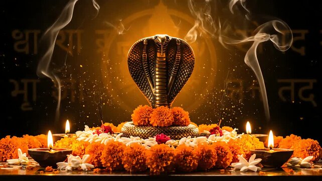 Nag Panchami Celebration A Divine Tribute to the Cobra Deity with Lit Lamps and Floral Garlands