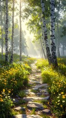 Sunlit Stone Path Winding Through a Beautiful Birch Forest.