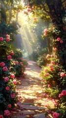 Sunlight Beams Illuminating a Secret Garden Path with Roses.