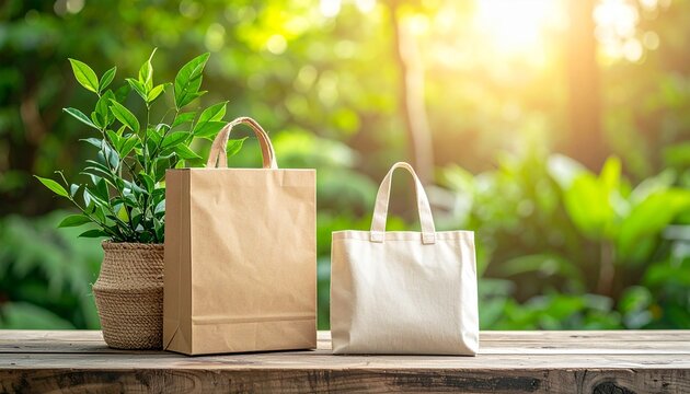 Eco-friendly reusable shopping bags made of paper and fabric in a natural outdoor setting with green plants and sunlight