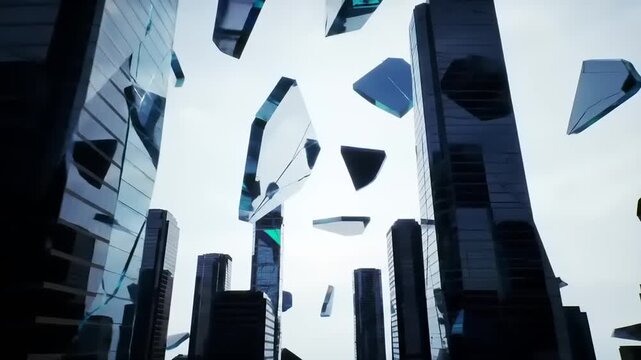 Abstract futuristic city with floating glass elements and skyscrapers