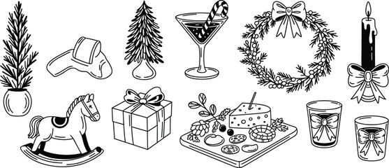 Hand drawn Christmas elements, festive holiday decorations, gift boxes, candles, wreath, cocktail, cheese platter, vintage seasonal illustration