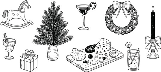 Hand drawn Christmas elements, festive holiday decorations, winter celebration icons, gift, candle, wreath, cocktails, cheese board illustration