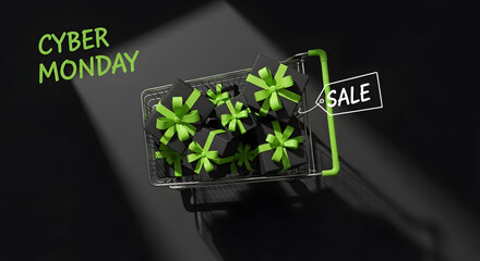Cyber Monday shopping frenzy with black gift boxes and vibrant green ribbons overflowing in a shopping cart, sale tag adds to the excitement, perfect for holiday promos
