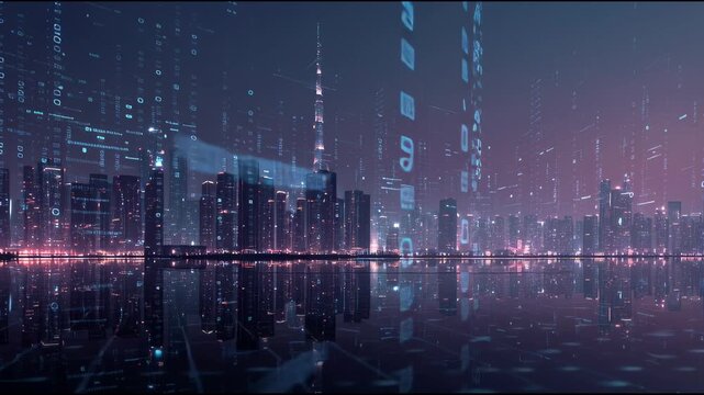 Digital Cityscape: A mesmerizing digital rendering of a futuristic cityscape, bathed in cool hues and illuminated by cascading binary code, merging technology and urban development.