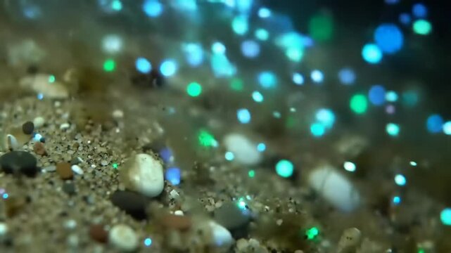 Abstract glowing particles floating over surface macro shot