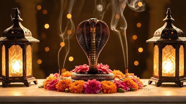 Sacred Nag Panchami ritual with a revered cobra deity adorned with vivid flowers and traditional lamps, incense smoke rising, symbolizing devotion