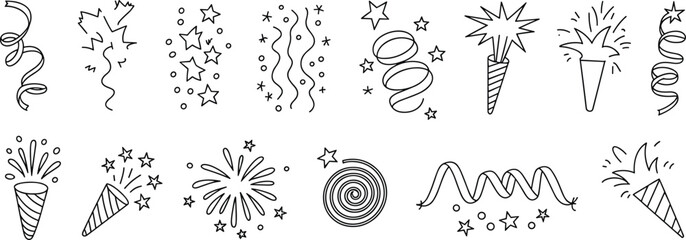 Hand drawn party confetti doodles, festive streamers, stars, fireworks, celebration elements, birthday and new year decoration icons
