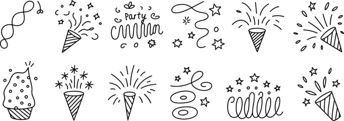 Hand drawn party doodles, festive confetti icons, celebration elements, fireworks, streamers, stars, party popper illustration set