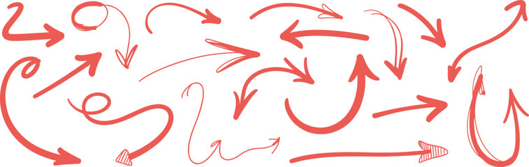 Hand drawn red arrows, curved sketch pointers, swirling direction symbols, doodle highlight elements for infographic, presentation, note and creative design use