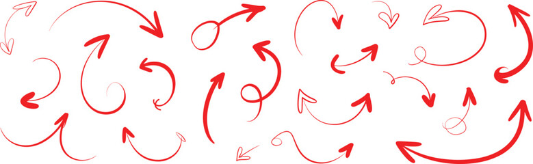 Hand drawn red arrows, curved sketch pointers, swirly direction symbols, doodle highlight elements for presentation, infographic, and creative design use