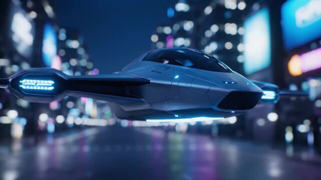 illustration of  See a detailed close-up of a futuristic flying vehicle hovering against a blurred neon cityscape. Ideal for technology and automotive features.
