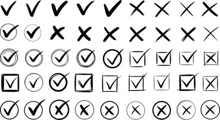 Hand-drawn check marks and cross icons, sketch tick symbols, doodle approval and rejection signs, vector marker set