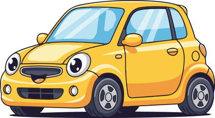Obraz premium Cheerful Yellow Compact Cartoon Car Vector Illustration on White