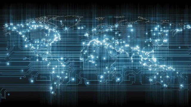 Global Network of Connections: The world map illuminates with interconnected glowing nodes, symbolizing global communication and technological advancement, highlighting the power of connection