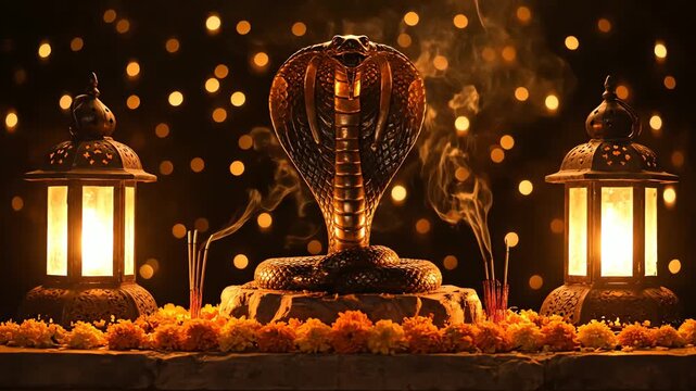Vibrant Nag Panchami Celebration with Majestic Cobra Idol, Illuminated Lanterns, and Marigold Offerings, Symbolizing Devotion in Hindu Culture and Ancient Traditions
