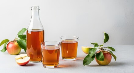 Freshly squeezed apple juice in glasses and bottle with whole and halved apples on a light gray surface, healthy drink