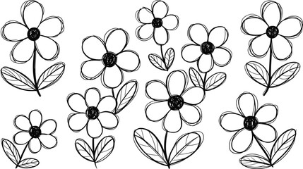 Hand-drawn daisy flowers, whimsical floral sketch, black and white botanical doodle, simple nature illustration, cute garden pattern design