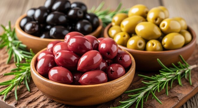 Three wooden bowls filled with assorted olives kalamata, green, and black, garnished with rosemary sprigs on a rustic board