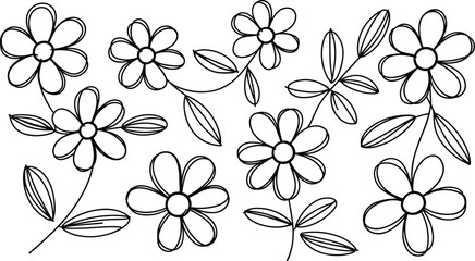 Hand-drawn floral pattern, doodle daisy flowers, whimsical botanical illustration, black and white outline, decorative nature background design
