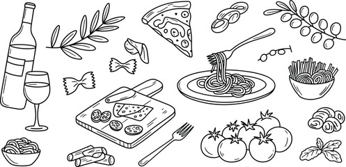 Italian cuisine doodle illustration with pasta, pizza, wine, tomatoes, basil, olives and culinary ingredients for restaurant desig