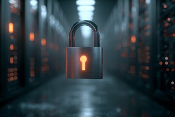 Secure data with a padlock in a server room, digital security concept.