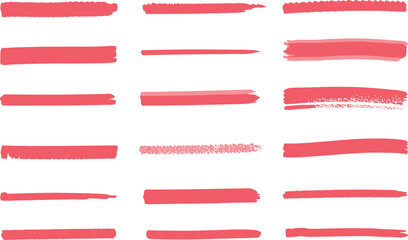 Pink marker brush stroke collection, hand drawn lines, abstract highlight accents, creative underline elements, isolated design textures for artwork