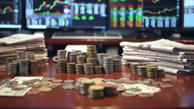 Financial display coins, bills, and stacks of newspapers on a table, with computer screens in background