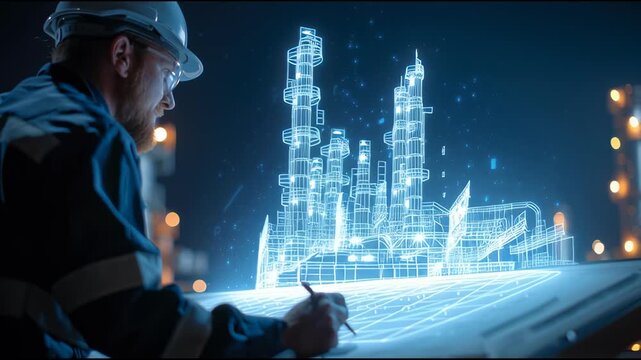 Engineer at the Tech Hub: A focused engineer, immersed in the digital realm, meticulously works on a blueprint that comes alive with a holographic projection of an industrial complex.