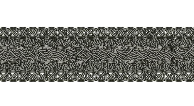 Intricate woven trim with repeating Celtic knotwork pattern in grey and black.
