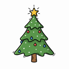 Fototapeta premium Cartoon Christmas tree decorated with colorful ornaments and a star 
