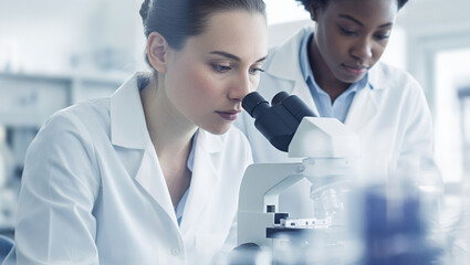 Scientists examine biological samples using an advanced microscope in a bright biotechnology laboratory, focusing on molecular patterns and microcellular details