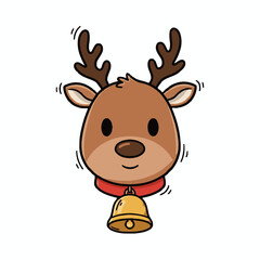 Cartoon reindeer with bell wearing a scarf and smiling cheerfully  