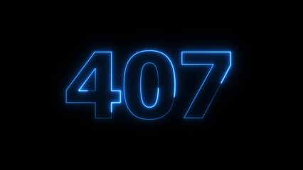 Abstract beautiful blue neon 407 number illustration background 4K. Glowing neon countdown number icon background.
