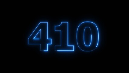 Abstract beautiful blue neon 410 number illustration background 4K. Glowing neon countdown number icon background.
