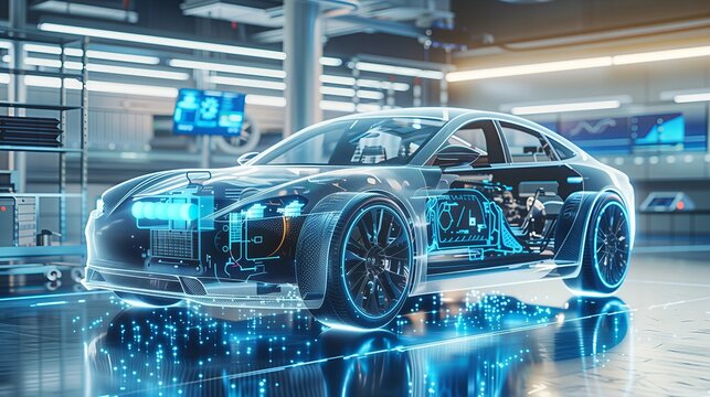 Glowing blue futuristic car chassis. Electric Vehicle (EV) battery and engine technology concept in an R&D laboratory. For automotive engineering, innovation, or diagnostics.