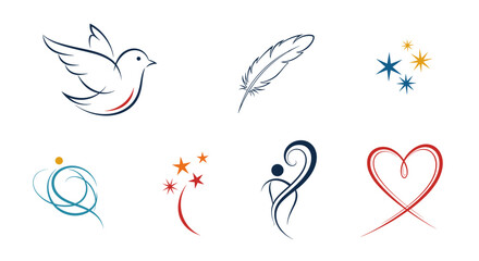 A collection of minimalist abstract line art symbols representing peace hope creativity and love.