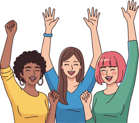 Flat Vector Illustration of Diverse Women Celebrating with Raised Arms