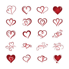 Elegant Red Heart Icons and Love Symbols Set: Vector Illustration of Romantic, Swirl, and Linked Heart Shapes