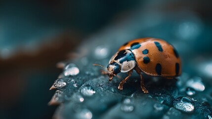 Fototapeta premium Tiny ladybug with dark spots rests on a wet leaf.