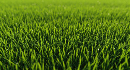 Fototapeta premium Close-up of fresh green grass with morning dew drops in natural sunlight, perfect for gardening and nature projects