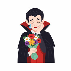 Sad Vampire Holding Flowers, Crying, with Red and Black Cape