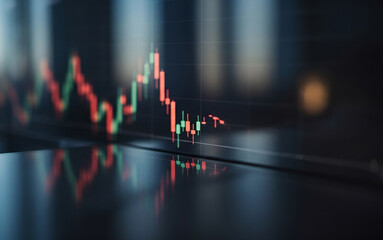 Blurred stock market candlestick chart reflected on a dark glossy surface, showing dynamic red and green trends that capture volatility, motion, and the digital rhythm of modern financial trading.