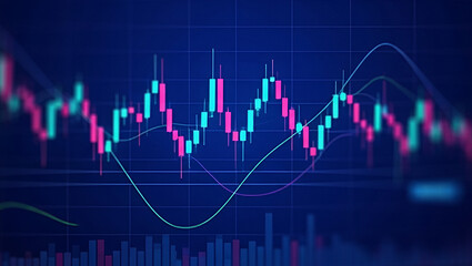 Abstract financial candlestick chart display with moving averages glowing over a dark blue background, highlighting digital precision, volatility, and the dynamic movement of global market data.