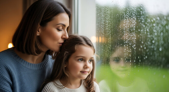Rainy Day Reflections: Mother and Daughter at Window - Powered by Adobe