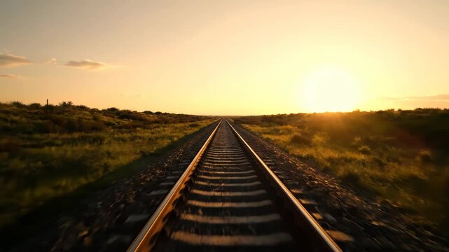 A railway track extends into a golden sunset. Lush green fields border the rails. The sun blazes on the horizon